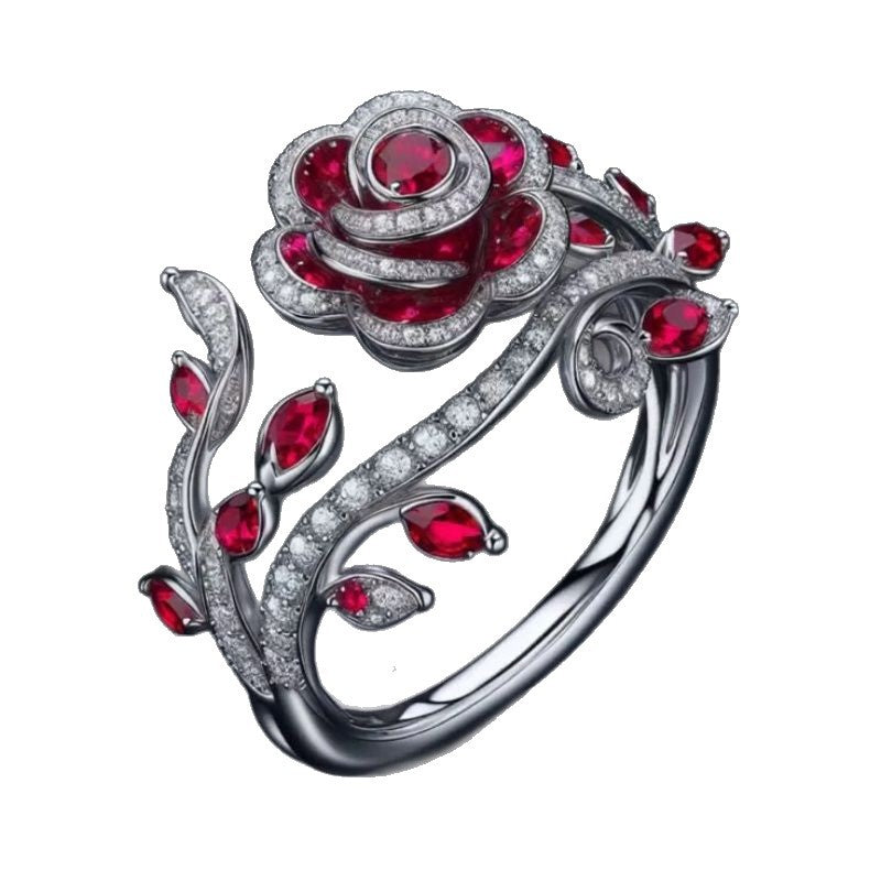 Popular Winding Interwoven Leaves Flowers Red Micro-inlaid Zircon Ring